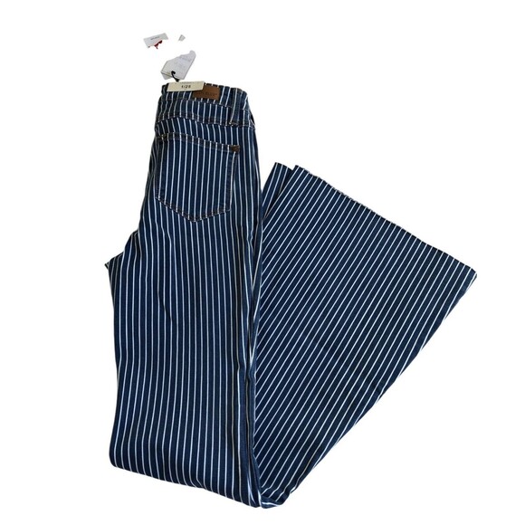 NWT Judy Blue Super Flare Ultra High Rise Jeans 1/25 Striped Blue Raw Hem Bell - Picture 4 of 12